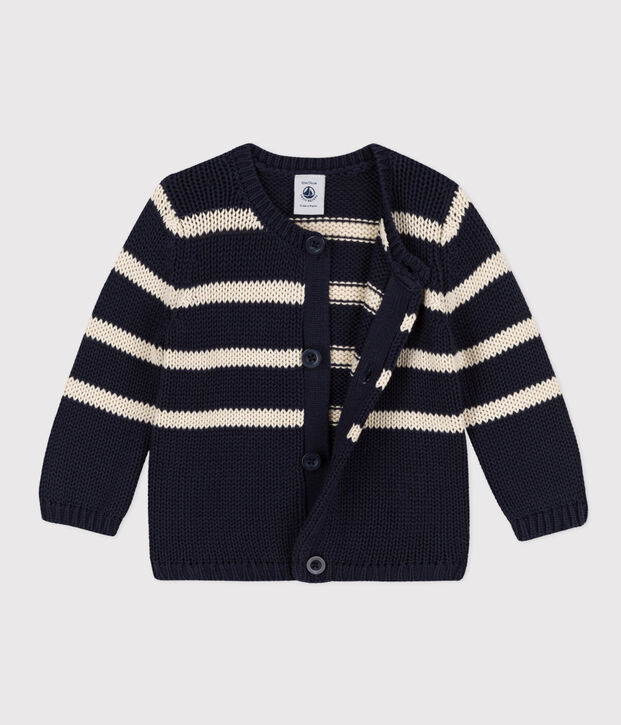 Cardigan beb&egrave; in maglia di cotone a righe blu/ecru