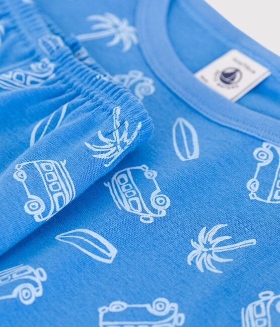 Pigiama corto e molto aderente bambino in cotone con furgoni stampati blu BRASIER/grigio MARSHMALLOW