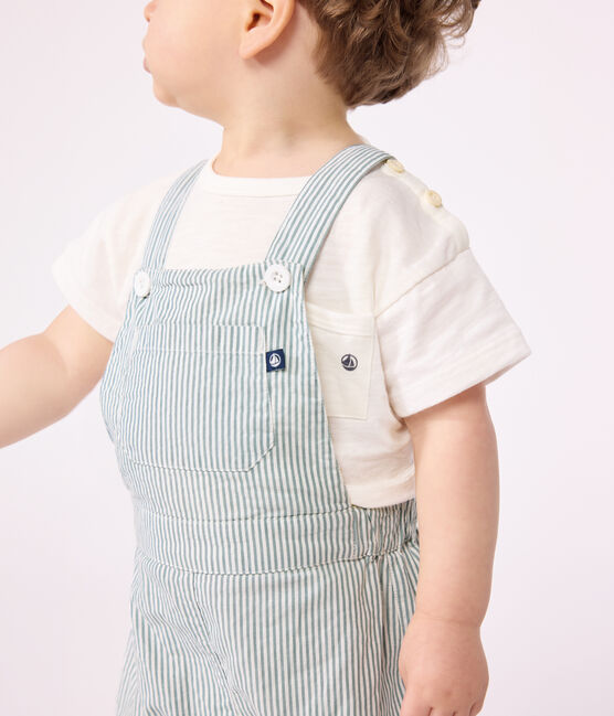 Salopette corta in cotone a righe neonato bianco MARSHMALLOW/blu BRUT