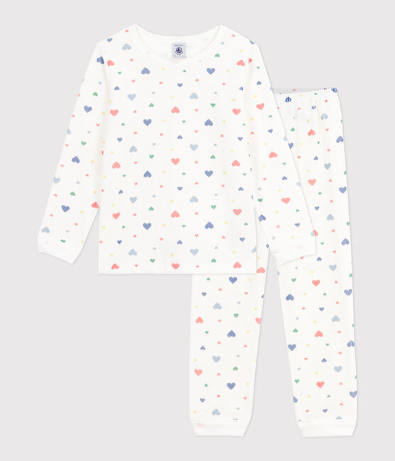 Pigiama in ciniglia con stampa a cuori bambina bianco MARSHMALLOW/bianco MULTICO
