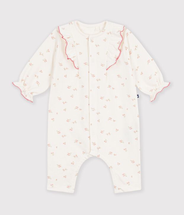 Tutina in cotone a volant con stampa a fiori neonata ecru/multicolore