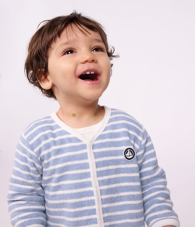 Pigiama senza piedini in spugna di cotone a righe neonato blu/ecru
