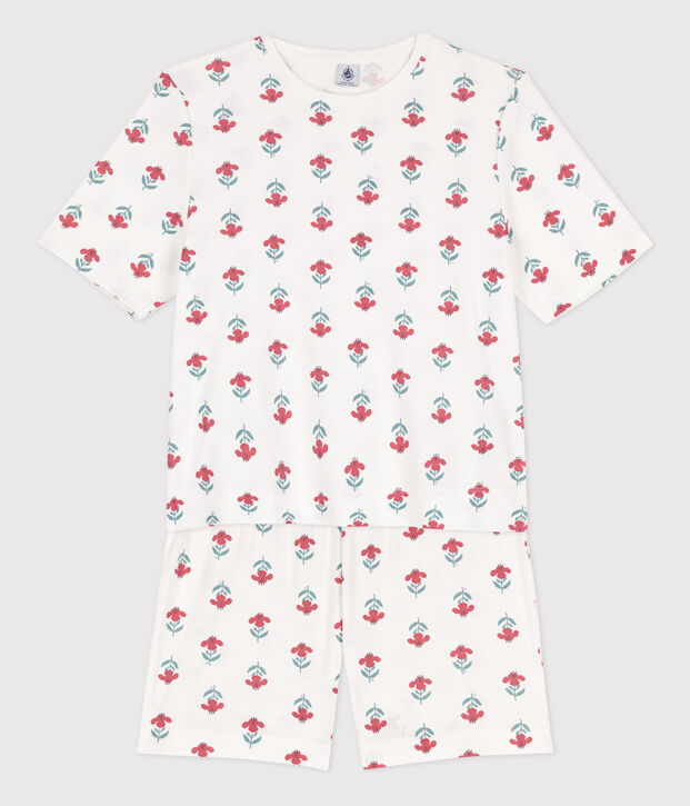 Pigiama donna corto in cotone a fiori bianco/multicolore