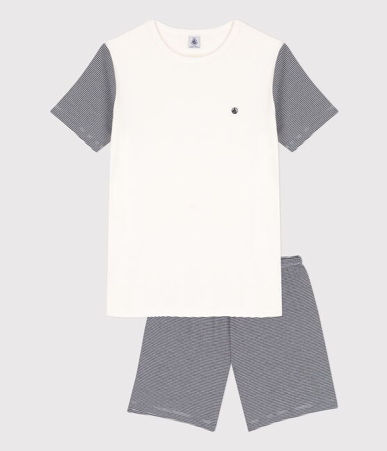 Pigiama corto bambino in cotone millerighe blu SMOKING/bianco MARSHMALLOW