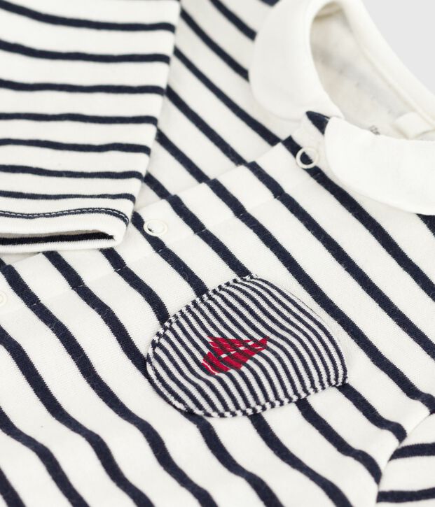 Tutina in cotone con stampa a righe marini&egrave;re e colletto neonato bianco/blu