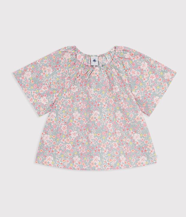 Blusa a maniche corte in cotone con stampa a fiori bambina blu/multicolore