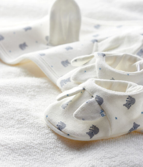 Cofanetto telo da bagno quadrato e babbucce neonato in spugna e cotone biologico bianco MARSHMALLOW/grigio GRIS/ MULTICO