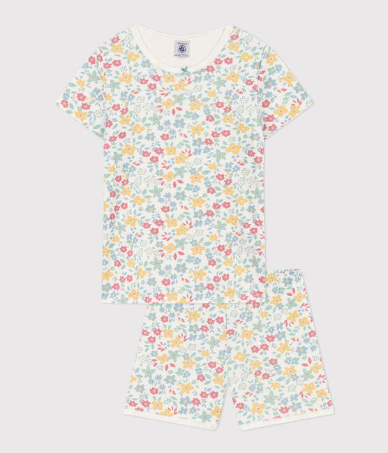 Pigiama corto a fiori in cotone bambina  bianco MARSHMALLOW/bianco MULTICO