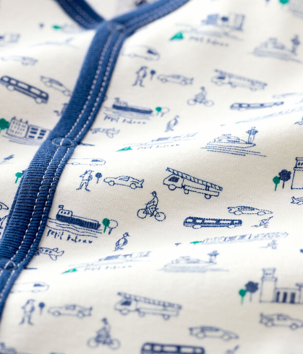 Tutina pigiama senza piedi a costine fantasia trasporti beb&egrave; in cotone bianco/multicolore