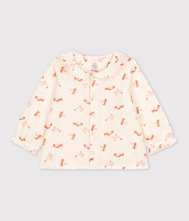 Blusa beb&egrave; in garza di cotone con motivo uccelli ecru/multicolore