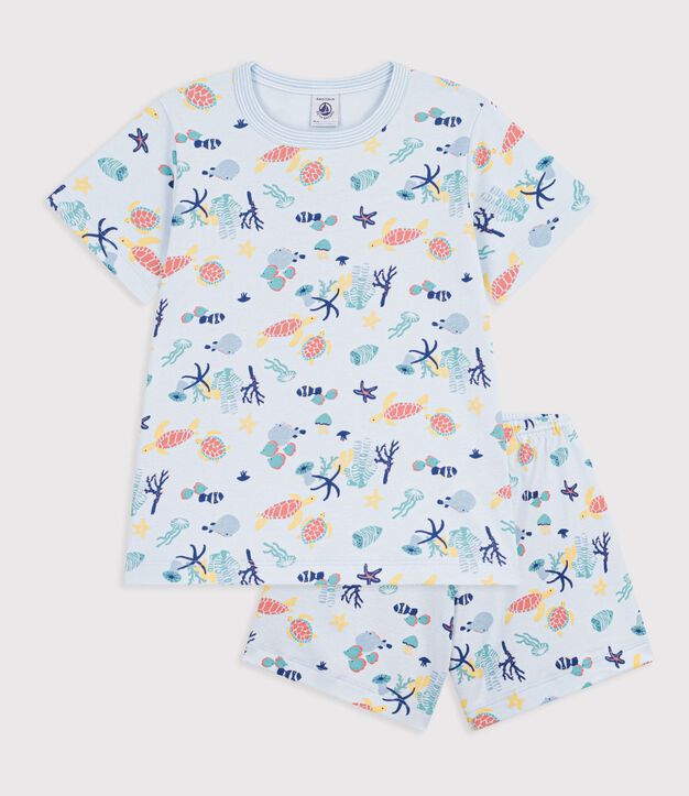 Pigiama corto in cotone con stampa fosforescente bambino blu/multicolore