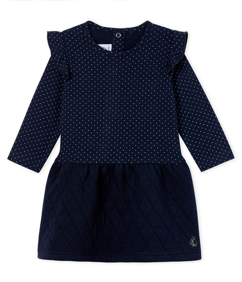 Abito bi-materiale a maniche lunghe da beb&egrave; femmina blu/bianco