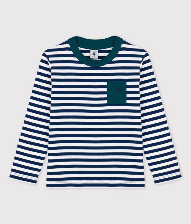 T-shirt bambino a maniche lunghe in cotone blu/bianco