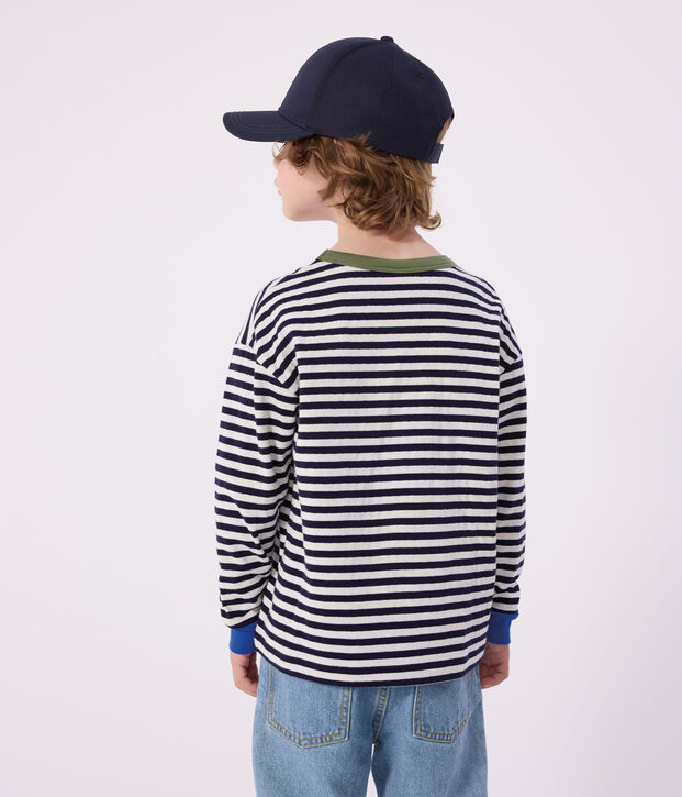 T-shirt a maniche lunghe in cotone a righe bambino blu/ecru