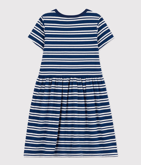Abito a righe a maniche corte in cotone bambina blu MEDIEVAL/bianco MARSHMALLOW