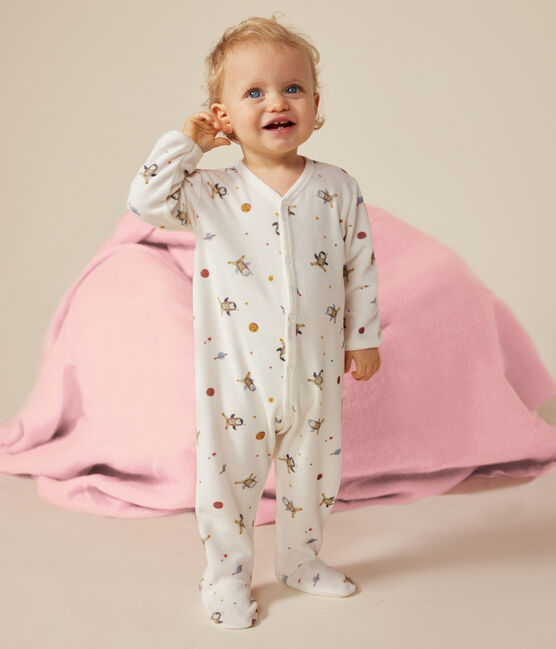 Pigiama per neonato in velluto con stampa raffigurante un piccolo pinguino nello spazio bianco MARSHMALLOW/bianco MULTICO