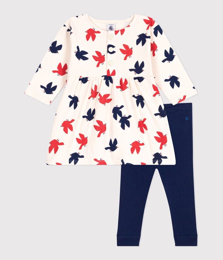 Abito a maniche lunghe in cotone e leggings con uccellini stampati neonato ecru/multicolore