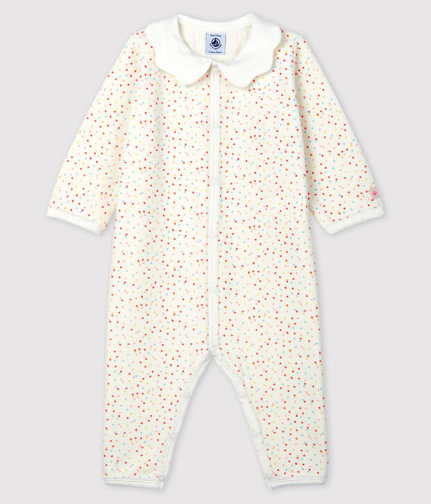 Tutina pigiama senza piedi a pois beb&eacute; femmina in cotone biologico bianco/multicolore
