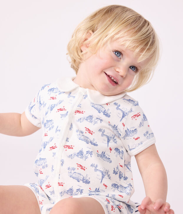 Tutina corta in cotone con colletto e stampa Parigi neonato bianco/multicolore