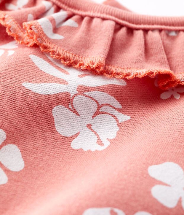 Body beb&egrave; a fiori in cotone con collo collerette rosa/bianco