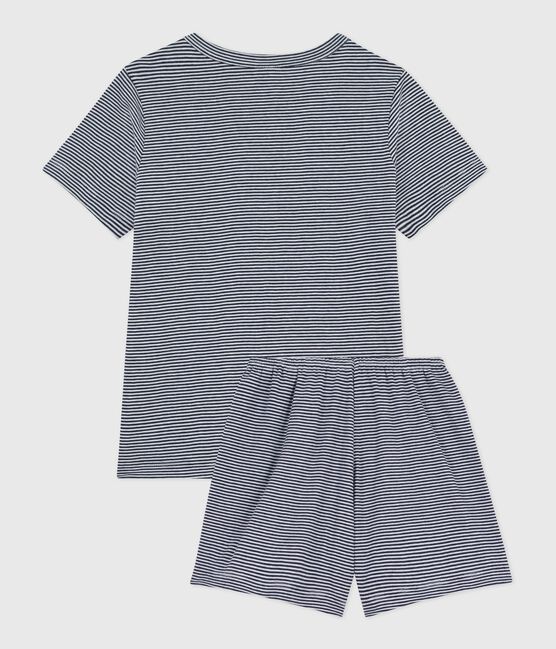 Pigiama corto in cotone a righe bambino blu SMOKING/bianco MARSHMALLOW