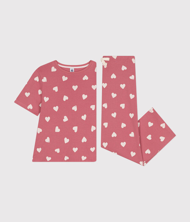 Pigiama in cotone con cuore stampato donna rosa/bianco