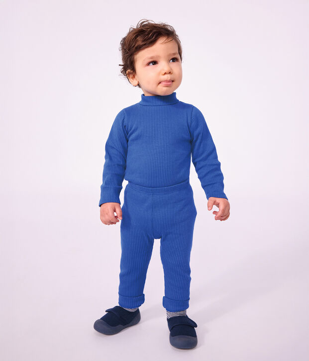 Body a dolcevita in cotone tinta unita neonato blu