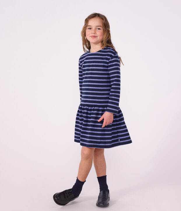 Abito a maniche lunghe in cotone a righe bambina blu/viola