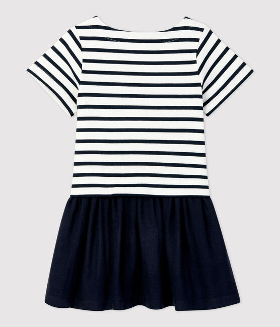 Abito bambina a maniche corte in bi-materiale a righe bianco MARSHMALLOW/blu SMOKING