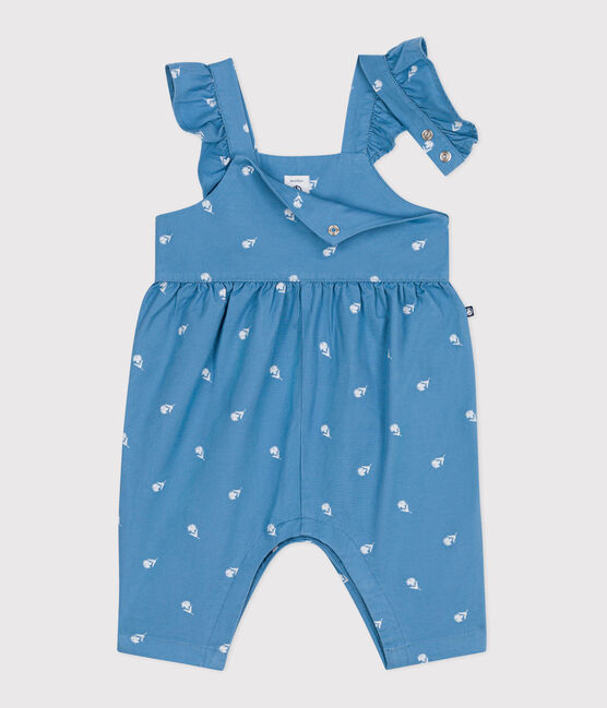 Salopette in cotone con fiori ricamati e gamba lunga neonato blu ALASKA/bianco MARSHMALLOW