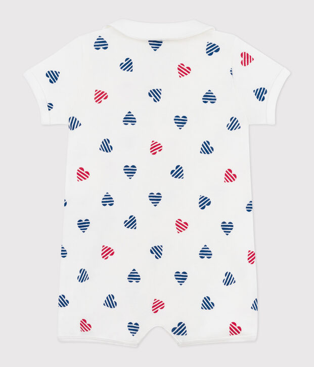 Tutina corta in cotone con colletto a cuori a righe neonato bianco/multicolore