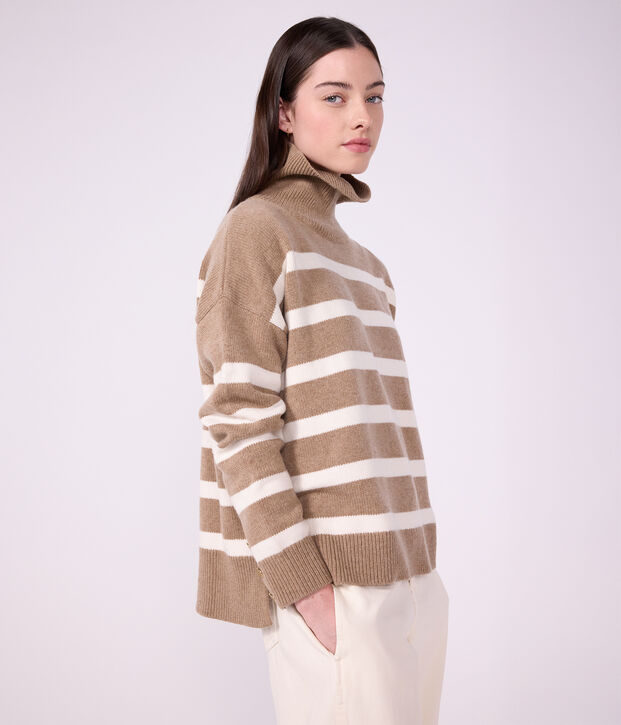 Pullover dolcevita in misto lana e cotone a righe donna beige/ecru