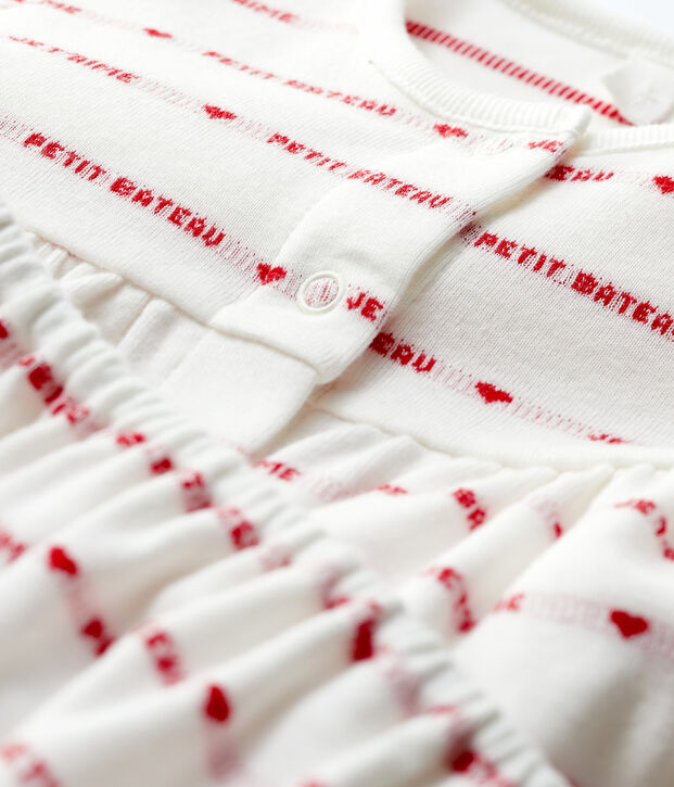 Abito manica corta con bloomer beb&egrave; femmina in jacquard di cotone biologico bianco/rosso