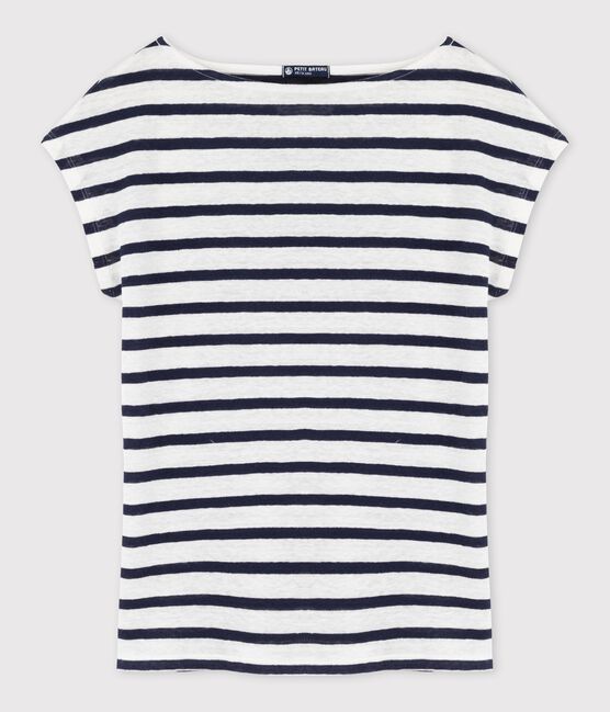 T-shirt donna in lino rigata bianco LAIT/blu SMOKING