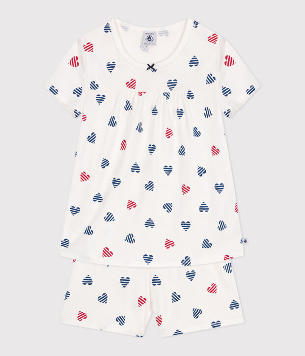 Pigiama corto in cotone con stampa a cuori bambina bianco/multicolore