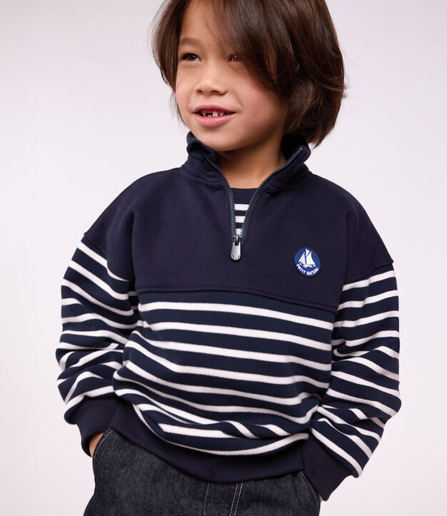 Felpa con mezza cerniera in cotone a righe bambino blu/bianco