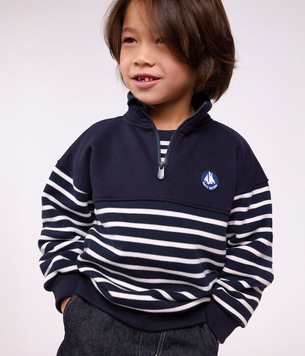 Felpa con mezza cerniera in cotone a righe bambino blu/bianco