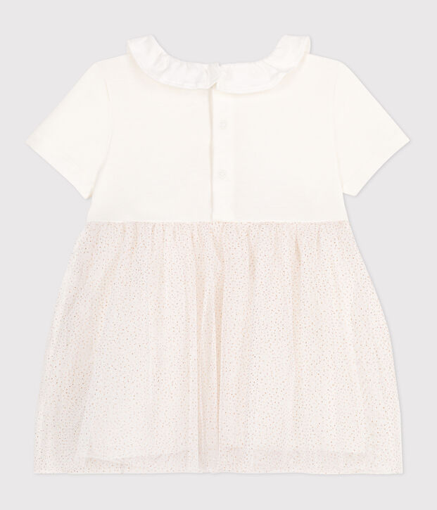 Abito a maniche corte con colletto in cotone e tulle neonato bianco/rosa
