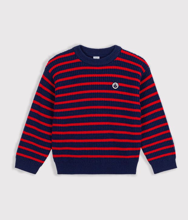 Pullover in misto lana e cotone a righe bambino blu/rosso