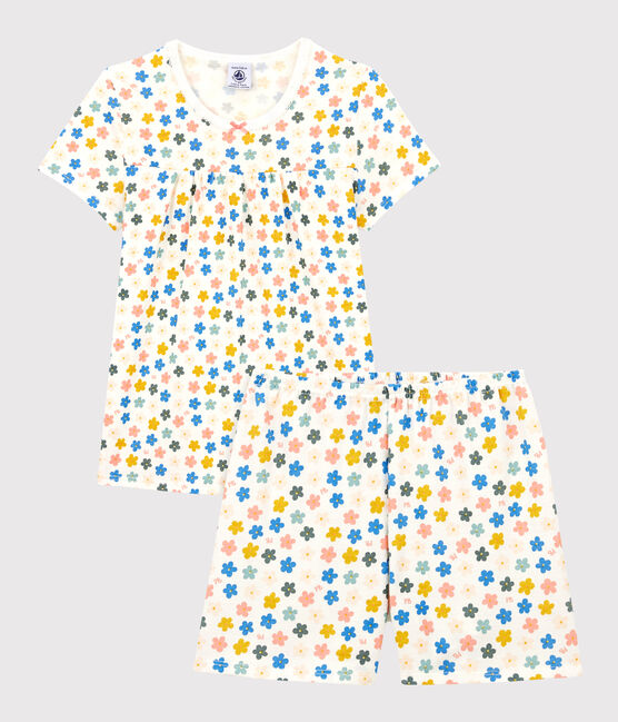 Pigiama corto a fiori fosforescenti bambina in cotone bianco MARSHMALLOW/bianco MULTICO