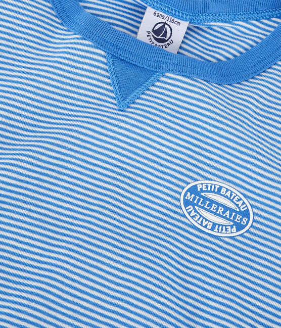 Pigiama corto bambino a righe in cotone blu BRASIER/grigio MARSHMALLOW