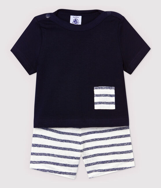 Insieme t-shirt/shorts in cotone lino bebè maschio blu SMOKING/bianco MARSHMALLOW