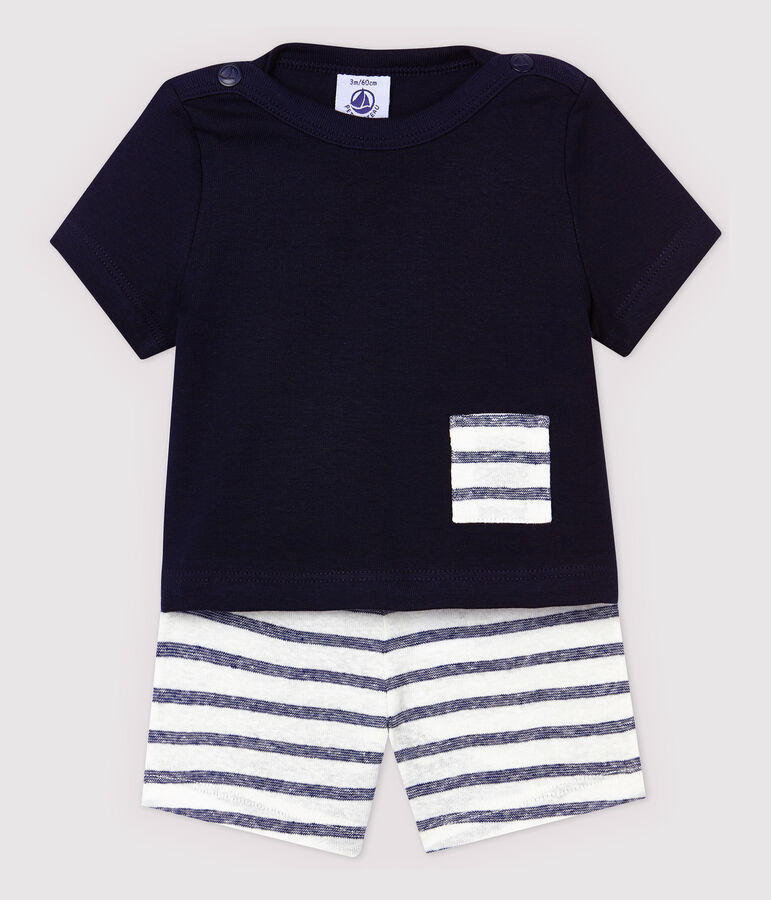 Insieme t-shirt/shorts in cotone lino beb&egrave; maschio blu/bianco