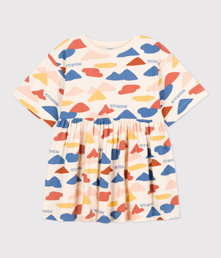 Abito a maniche lunghe in tubique stampato bambina ecru/multicolore