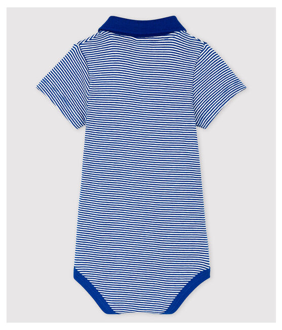 Body collo ricamato in cotone bebè maschio blu SURF/bianco MARSHMALLOW