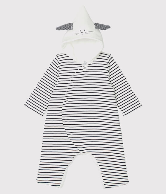 Tutina lunga a righe con cappuccio bebè in cotone biologico bianco MARSHMALLOW/blu SMOKING