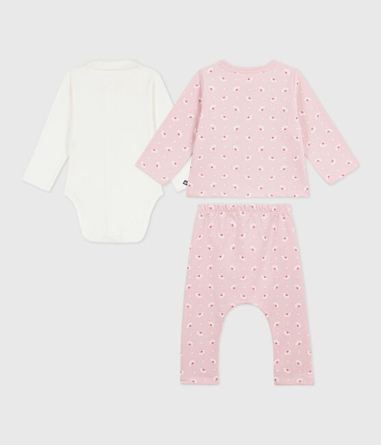 Set 3 pezzi con stampa a cuori e fiori e body con colletto ricamato neonata rosa JOLI/bianco MULTICO