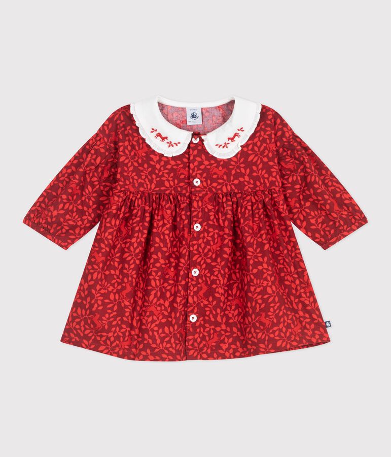 Abito a maniche lunghe in cotone con stampa e colletto ricamato neonata rosso/rosso