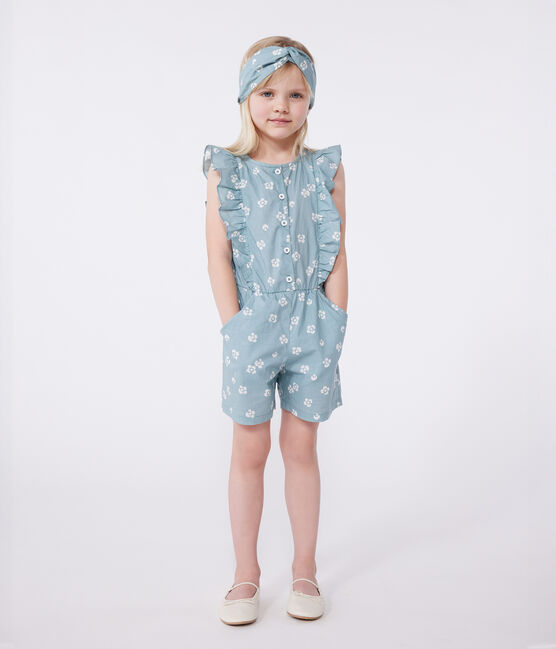 Tutina in cotone senza maniche a fiori bambina blu PAUL/bianco MARSHMALLOW