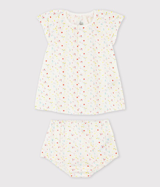 Abito manica corta fantasia frutta con bloomer beb&egrave; femmina in tubique ordito e trama di cotone biologico bianco/multicolore